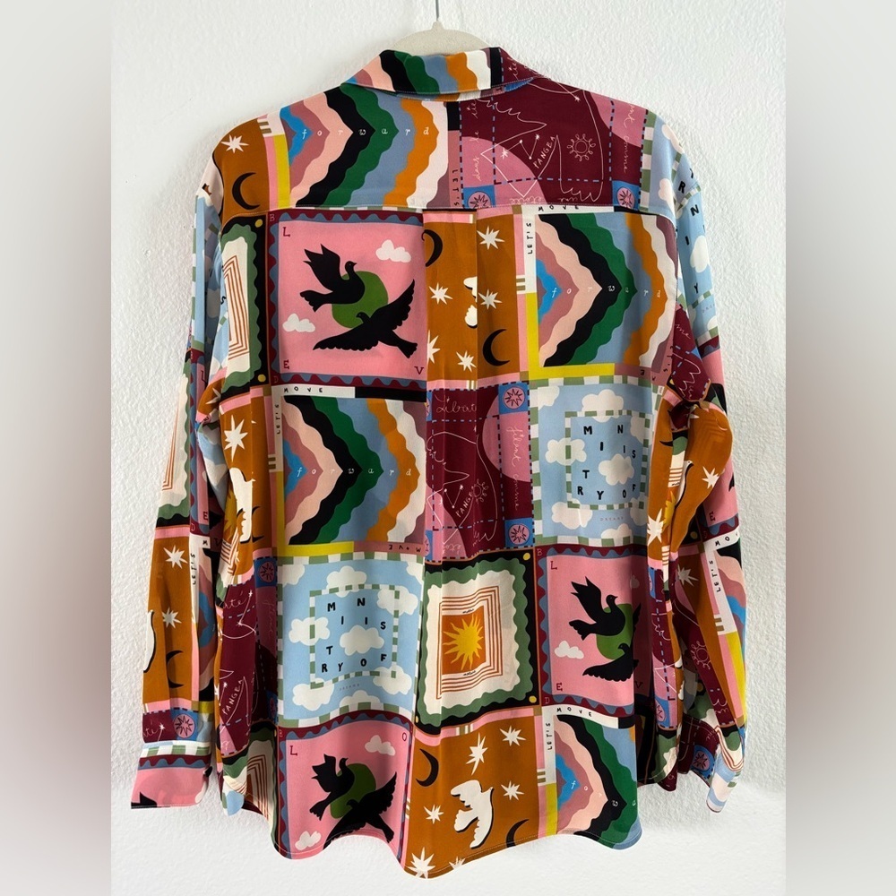 SÉZANE X PANGEA MAX SHIRT 100% Silk Button Down Long Sleeve Patchwork Multicolor - Picture 12 of 13